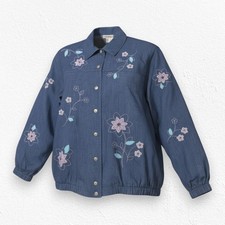 90s Vintage Medium Wash Floral Embroidered Full Button Up Denim Jacket Size 16W