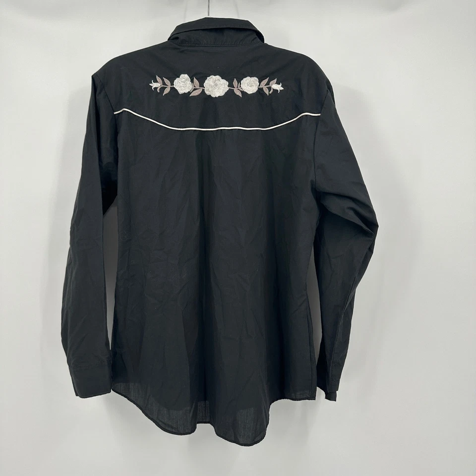 Camisa Western Mujer Negra Bordada Talla XL Floral Vaquera Boho Rodeo Perla A Presión Foto 2 de 4