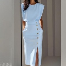 Womens Blue Solid Sheath Midi Dress Sleeveles...