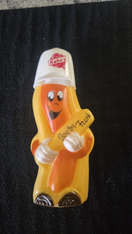 Vintage 1980s Kahn's Hot Dogs Beefy Frank Mustard Promotional Squeeze Bottle 6" 