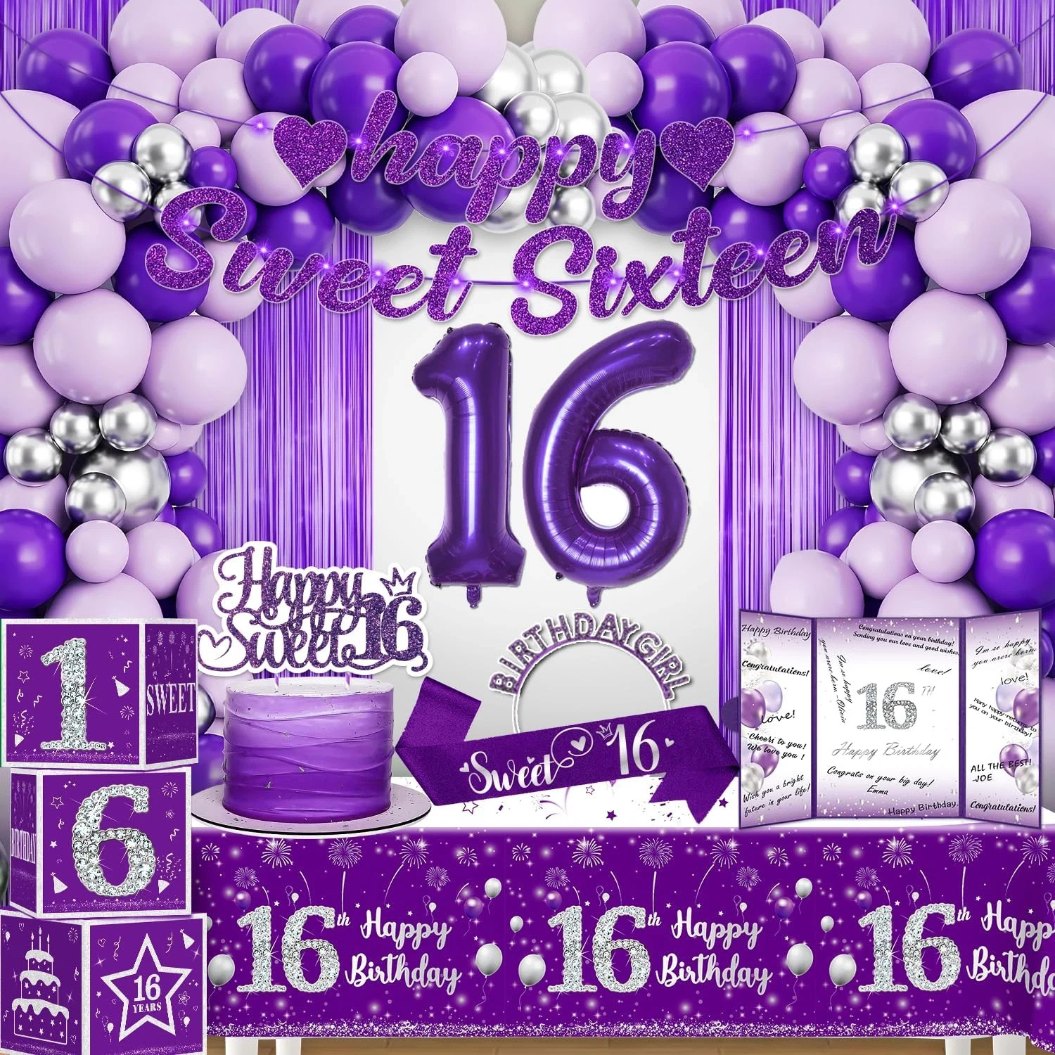 Cocomigo 104Pcs Sweet 16 Birthday Decorations for Girls, Purple Sweet 16 Party D