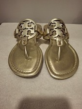Tory Burch NIB Miller Metallic Logo Thong Sandal Spark Gold Leather Size 8.5