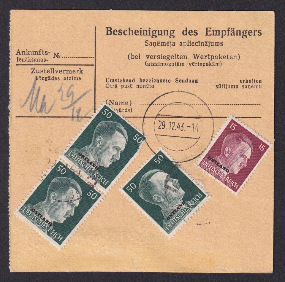 LETONIA 1943 Ostland, paquete tarjeta de Rositten (Rezekne), Segunda Guerra Mundial Foto 3 de 3