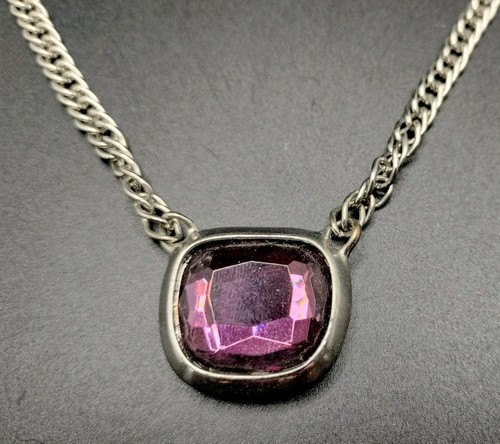 Anne Klein Deep Purple Faceted Stone Pendant Silver Tone Chain Women's Necklace - Picture 2 of 5