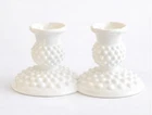 2 Vintage FENTON 3 1/2” H White Hobnail Milk Glass Taper Candle Holders MCM