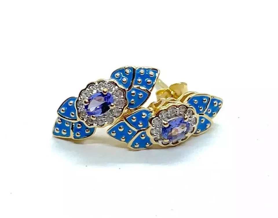 Nuevos aretes de oro sobre plata de ley con tanzanita y circón blanco esmaltado Foto 2 de 4