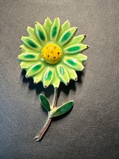 Vintage 1960s Enamel Flower Brooch Pin Lime Green Yellow Daisy Sunflower 3.5"