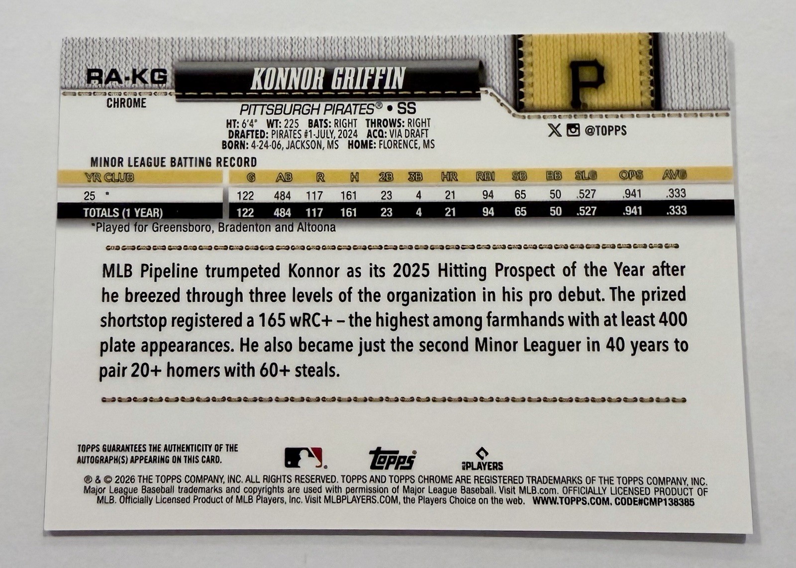 Konnor Griffin 41/50 Rookie Gold Auto 2026 Topps Chrome Baseball Card view 2