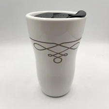 Starbucks 2016 White Ceramic Travel Tumbler Mug w/Lid 9 oz Gold Pinstripe