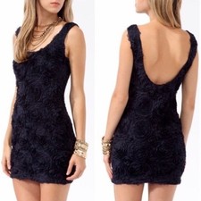 Forever 21 bodycon cocktail mini rosette dress navy tulle chiffon ROSE Small S