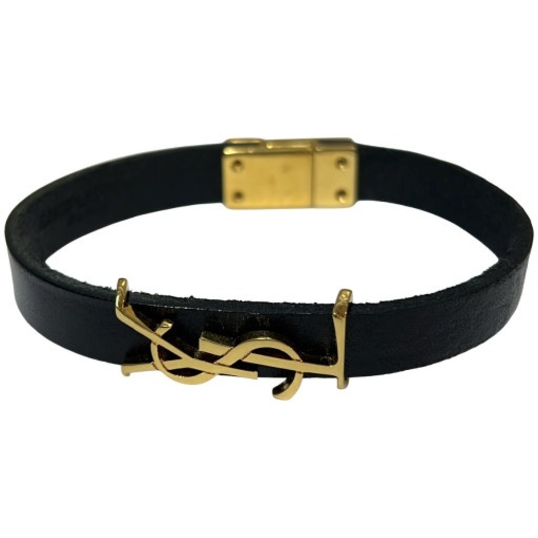 Yves Saint Laurent Bracelet YSL Black Gold Logo Leather Men Women Used NE51-0