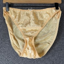 Vintage Hi Shine Peach Floral Jacquard High Cut Satin Panties Lingerie Sz M