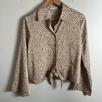 Maison D'Amelie Woman s Medium Button Up Top Retro Checkered Long Sleeve Satin