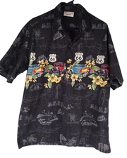 Pacific Legend Hawaiian Black Route 66 Classic Muscle Car Button up Shirt Mens L