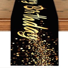 Elegant Black and Gold Happy Birthday Table Runner   13x72 Inch Birthday 71