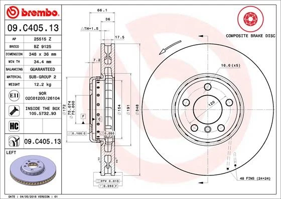 2x BRAKE DISC 09.C405.13 FOR BMW 6/Gran/F0/Convertible/F12/F13 7/F01/F02/F03 - Image 2 of 4
