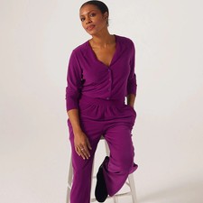 QVC Kim & Co Brazil Jersey Pleated Neckline Petite Jumpsuit Wineberry XL