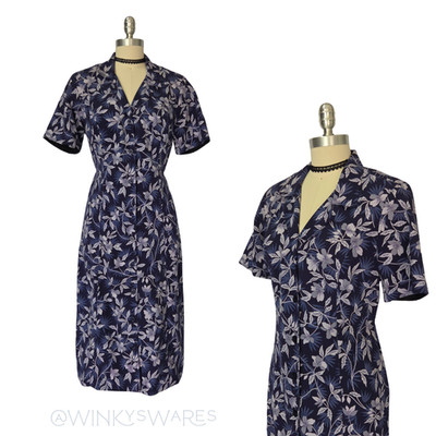 Vintage 90s Floral Midi Dress Size S Blue Tie Back Short Sleeve Erika Grunge