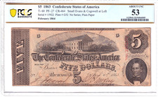 1863 $5 Confederate States of America T-60 PCGS About Uncirculated 53 #15922