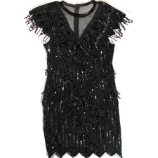 Vtg 80s 90s Laurence Kazar Silk Sequin Beaded Fringe Party Dres Art Deco Flapper