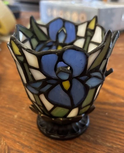 Vtg Partylite Tiffany Style Blue Iris Stained Glass Votive tea Candle Holder