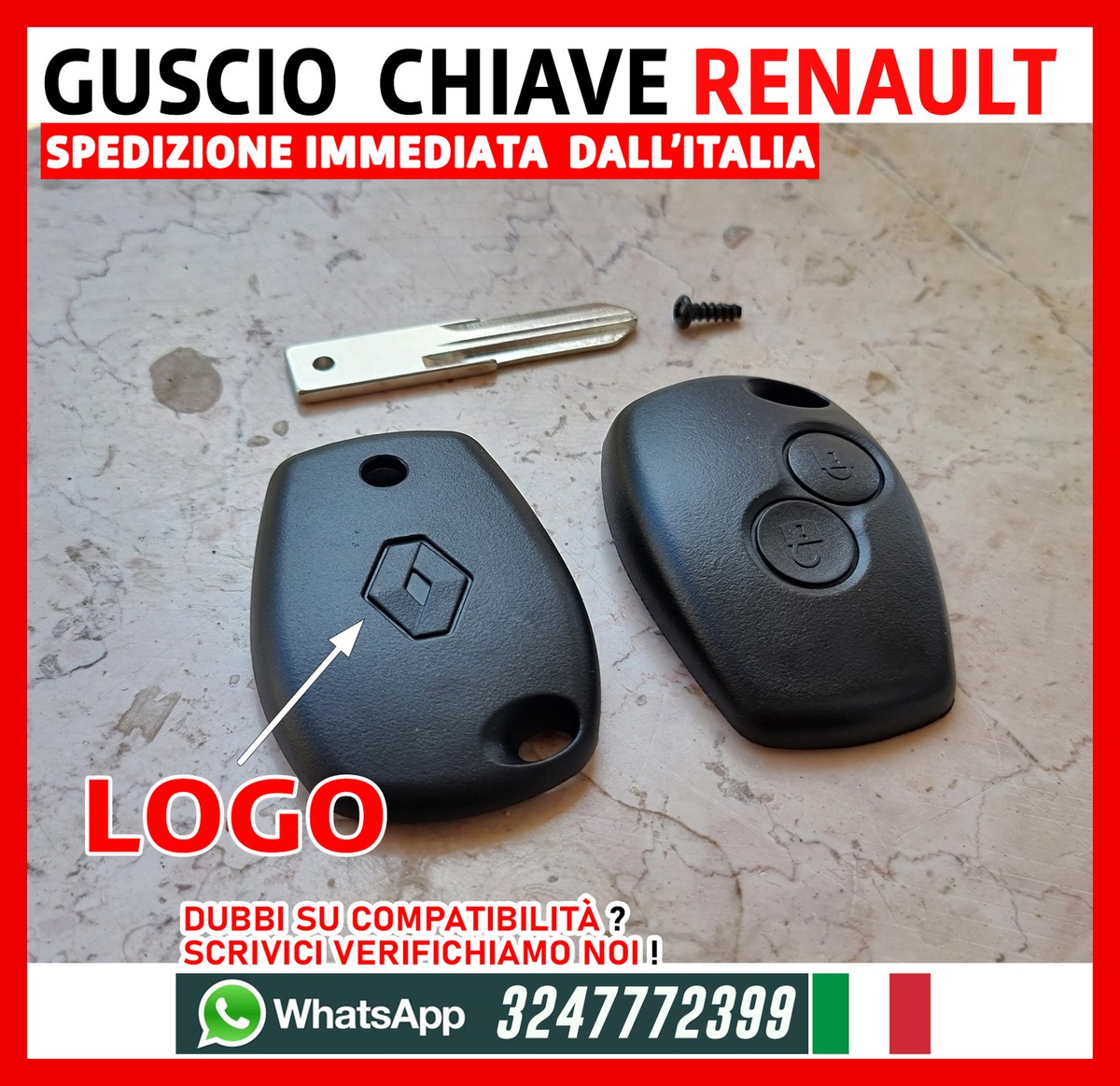 Lage Guscio Ricambio per Chiave compatibile con Renault Twingo, Clio, Modus, Megane, Laguna, Espace, Traffic, Master - Dacia Logan, Sandero, Duster - Opel Vivaro - Cover Scocca Telecomando 2 Tasti