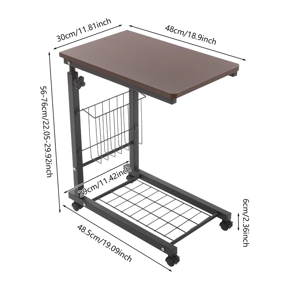 2 Tiers Red Walnut Color Mobile Standalone Adjustable Bed Side Table w/ Wheels - Image 2 of 4