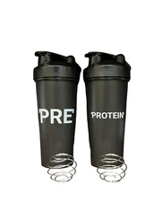 2 Pack Shaker Bottles 24oz. “PRE” & “PROTEIN” Shaker Cups Dishwasher Safe Black
