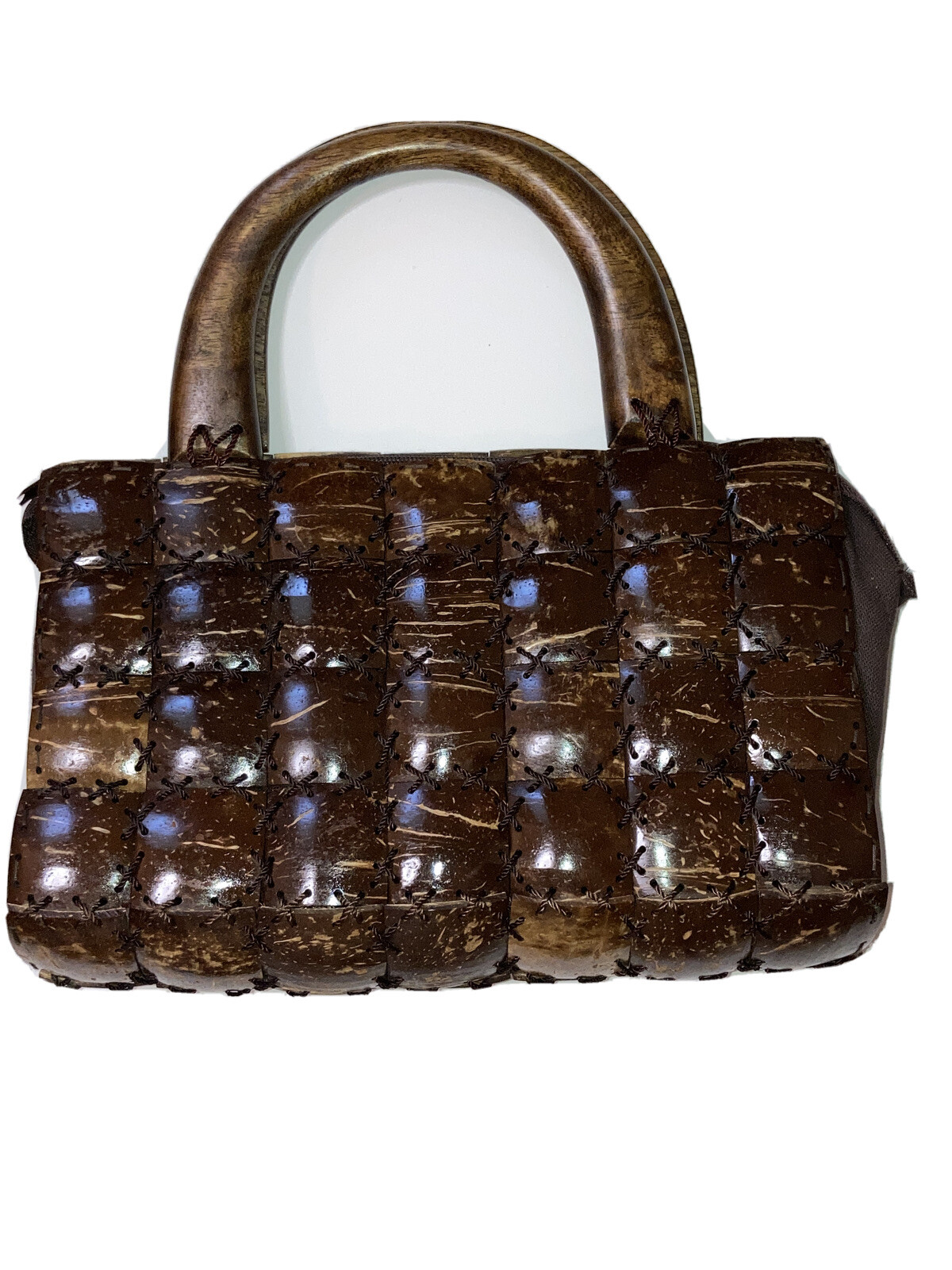 Handmade Coconut Shell Woven Patchwork Brown Zip … - image 1