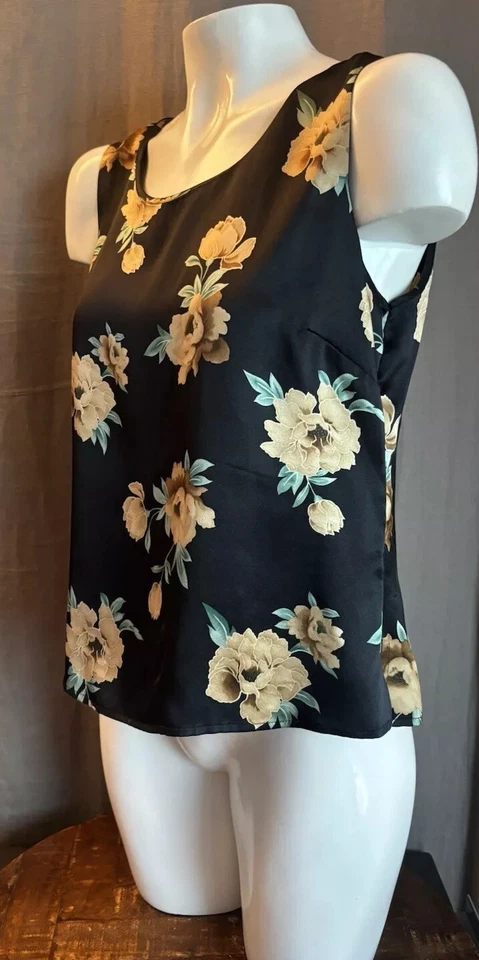Kate Hill Silk Top Satin Black Tank Sleeveless Size 8 Floral Roses - Image 3 of 4