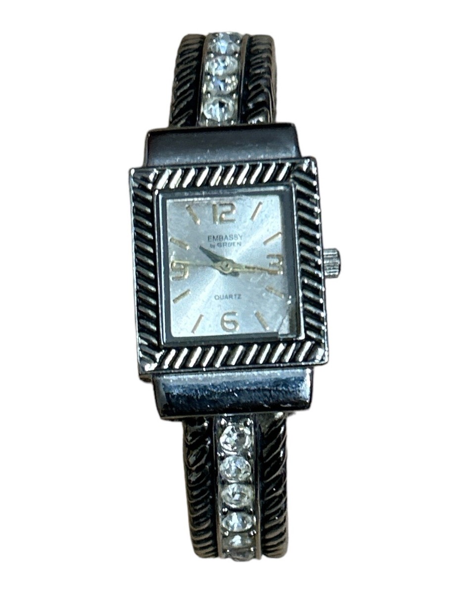Vintage Embassy by Gruen Silver Tone And CZ Bracelet Cuff  display picture 2