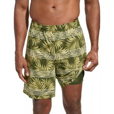 Kirkland Signature Men's XL Stretch Swim Shorts Green Palm Stripe Pockets