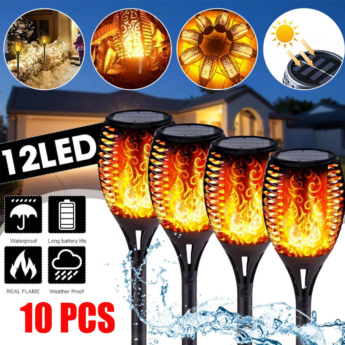 10 Pack LED Flame Solar Torch Light IP65 Garden Landscape Driveway