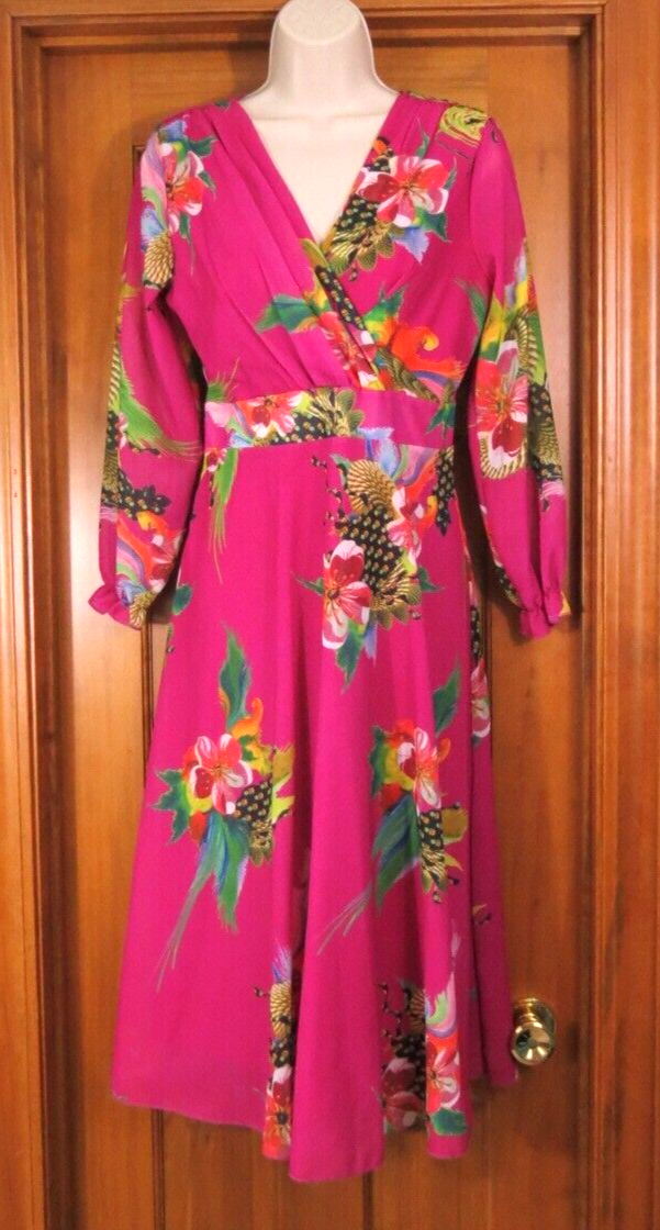 Vicky & Lucas Pink Floral Print Midi Dress Lined Chiffon Flowy Long Sleeve  Sz S | eBay