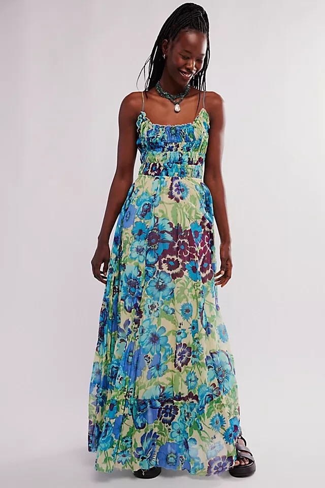 Free People FP One Ciella Printed Maxi Dress Floral Smocked Sleeveless  Fitted XS