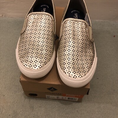 Sperry seaside nautical perforated platinum slip on shoes size 41