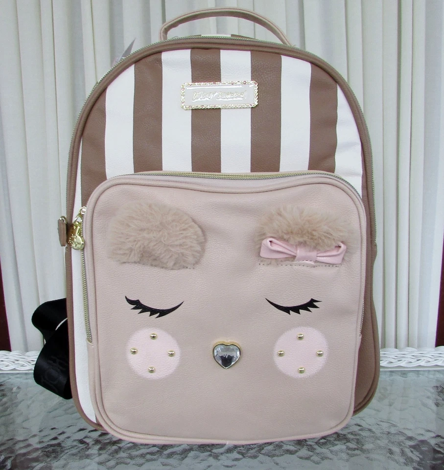Mochila Betsey Johnson Kitsch Bear Grande Viaje Escolar Especias Rayas Nueva con Etiquetas $138