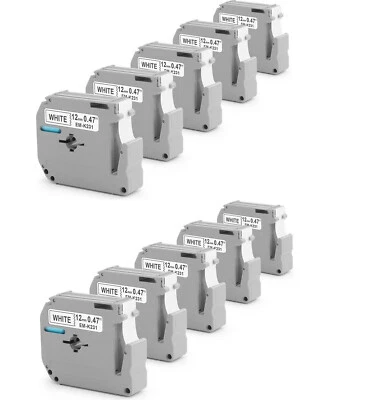PRINKO 10-Pk/Pack Label Tape for Brother P-Touch eqv M231 M-K231 MK231 12mm Black/White