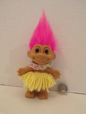Russ Troll Doll 4" Vintage Hawaiian Hula Girl Yellow Skirt Pink Hair Brown Eyes