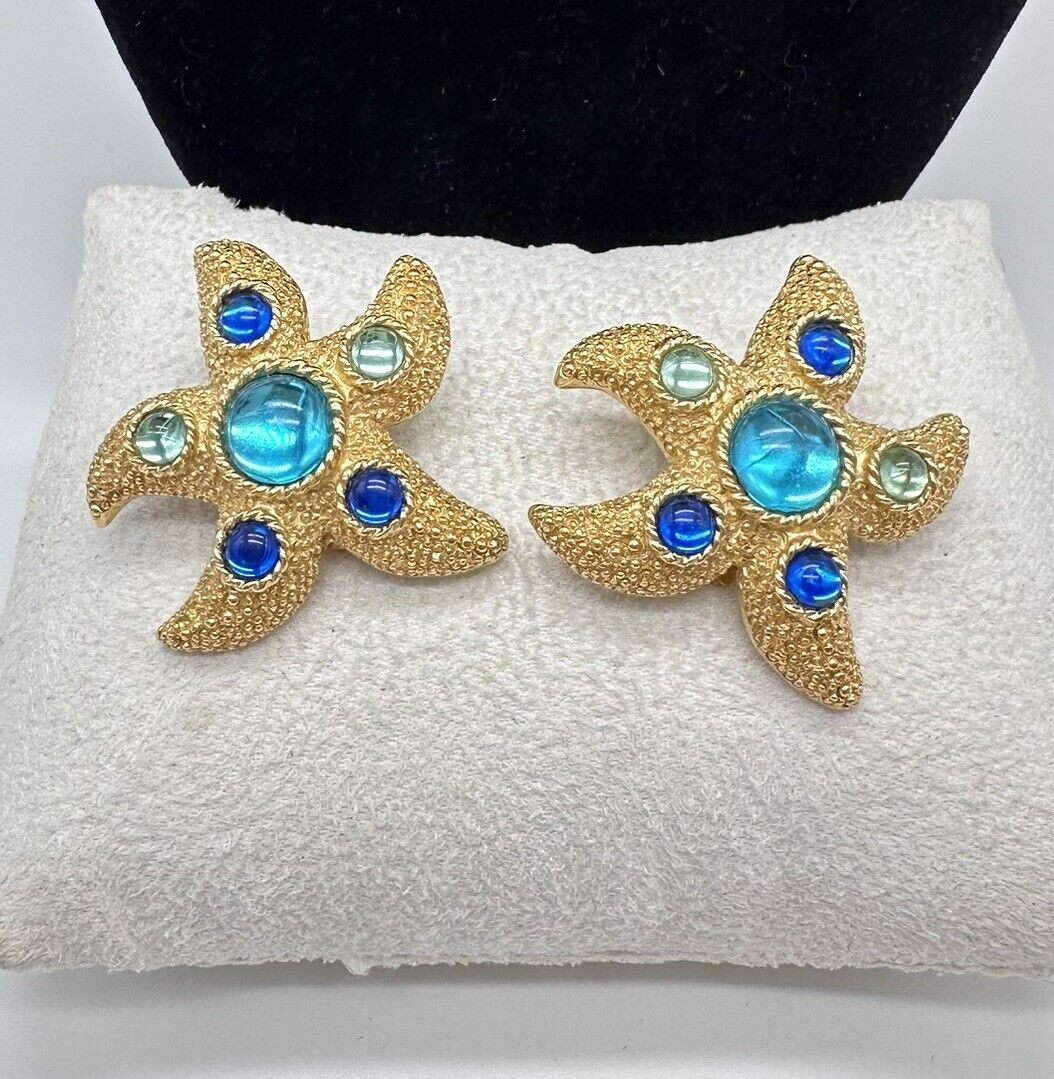 Trifari Earrings Starfish Pebbled Gold Tone Blue … - image 2