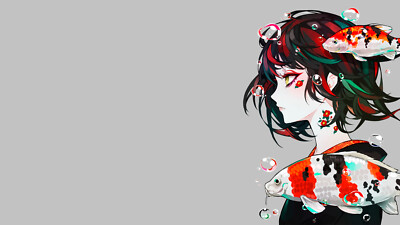Anime girls short hair kimono side view multicolored Play Gaming Mat Desk