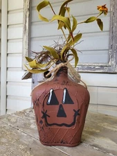 PRIMITIVE PUMPKIN FACE BOTTLE WITH FLOWERS REPURPOSED HAND PAINTED COUNTRY