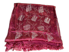 Vntg Pink French silky scarf embroidery Paris tourist places flaw read 11"w x 43