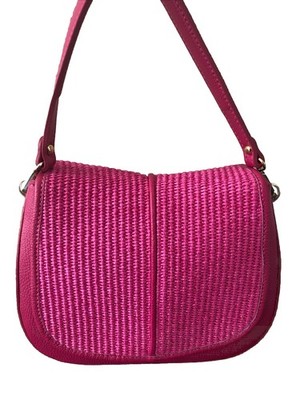 Italienische Handtasche aus echtem Leder und Raffia mit Henkeln - rosa