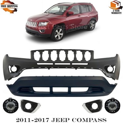 Front Bumper Cover Primed Plastic & Fog Lights Kit For 2011-2017 Jeep Compass