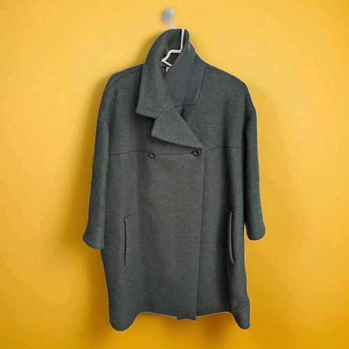 BALENCIAGA Giacca cappotto medio doppio angora lana pesante verde scuro oversize 36 S