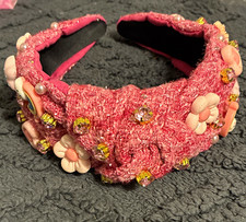 Pink Embellished Heart Bow Headband, Rhinestones Beaded Faux Pearls