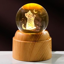 3D Crystal Ball 2.36 Engraved with Rotated Wood Base Lover Gifts for Women Cat