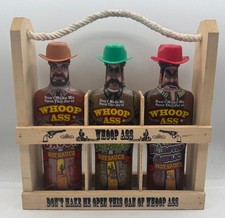 Whoop Ass Hot Sauce Gift Set 3 Bottles Bacon Garlic Green Habanero w/ Wood Rack