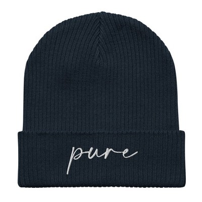 Pure Organic Ribbed Beanie White Embroidery Black Cotton Warm Unisex Hat